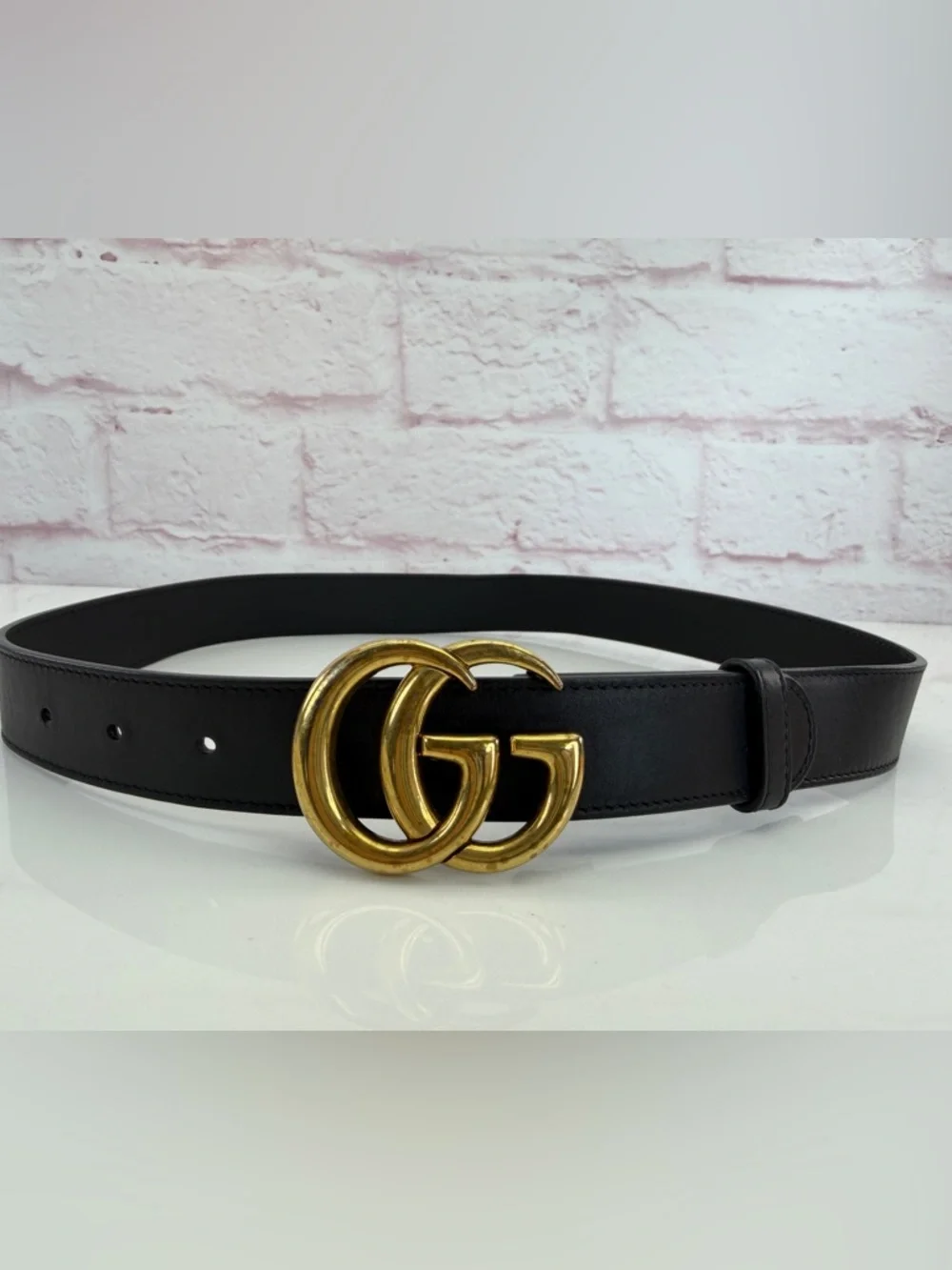 Authentic Gucci Slim Leather Marmont Gg Double Mens Belt Black 75/30 414516
